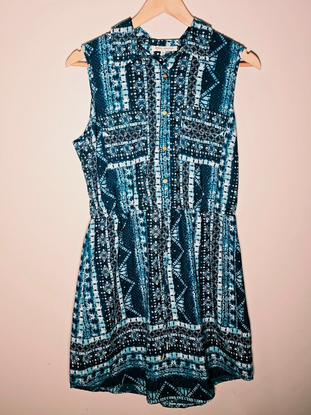 Speed Control Women’s Large Teal Boho Geometric Print Sleeveless Shirt Dress